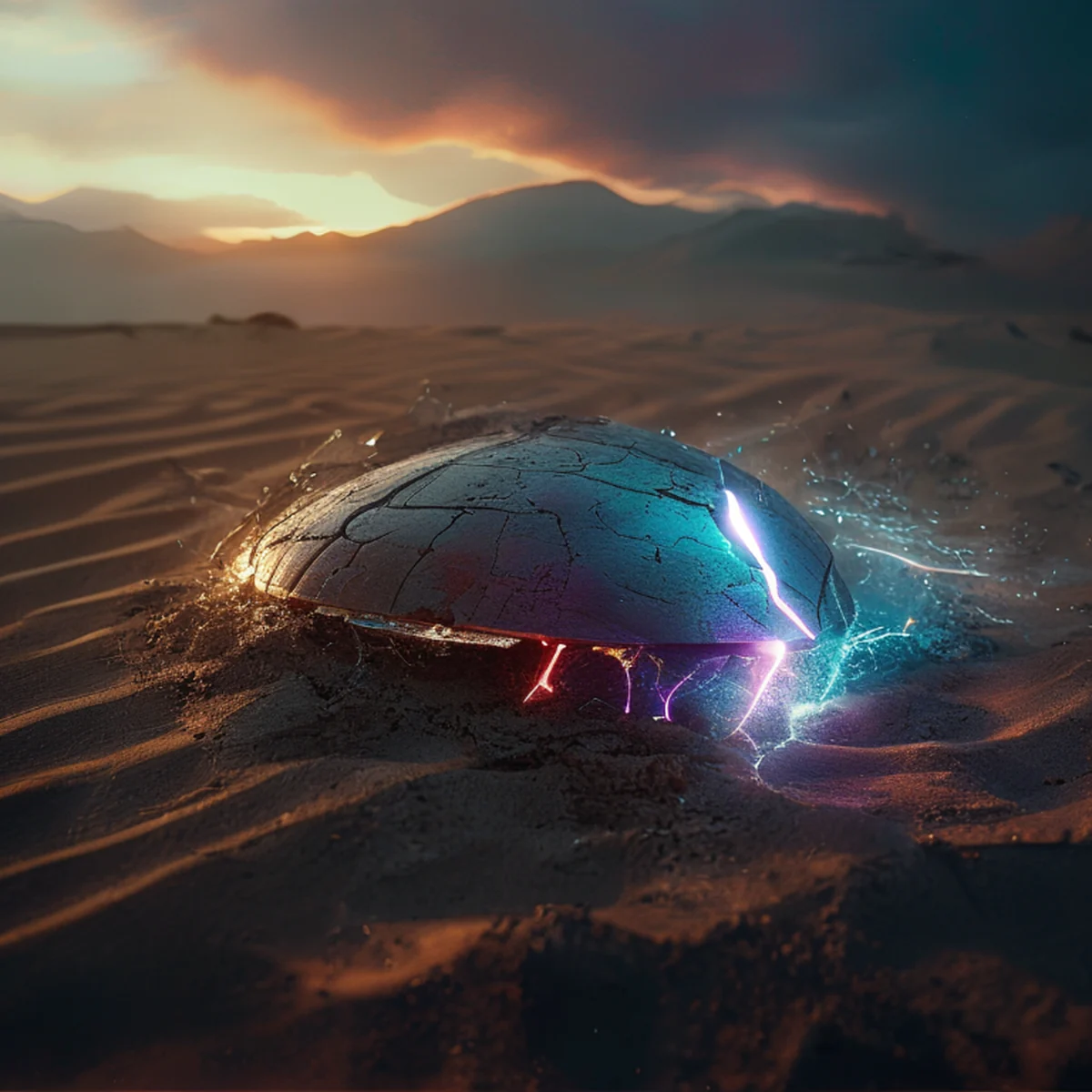 Ein mysteriöses UFO-Objekt im Wüstensand.