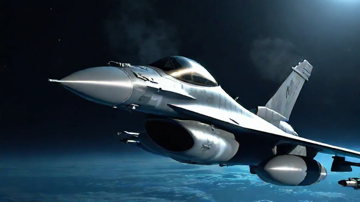 An F-16 fighter jet flying at night under cold moonlight