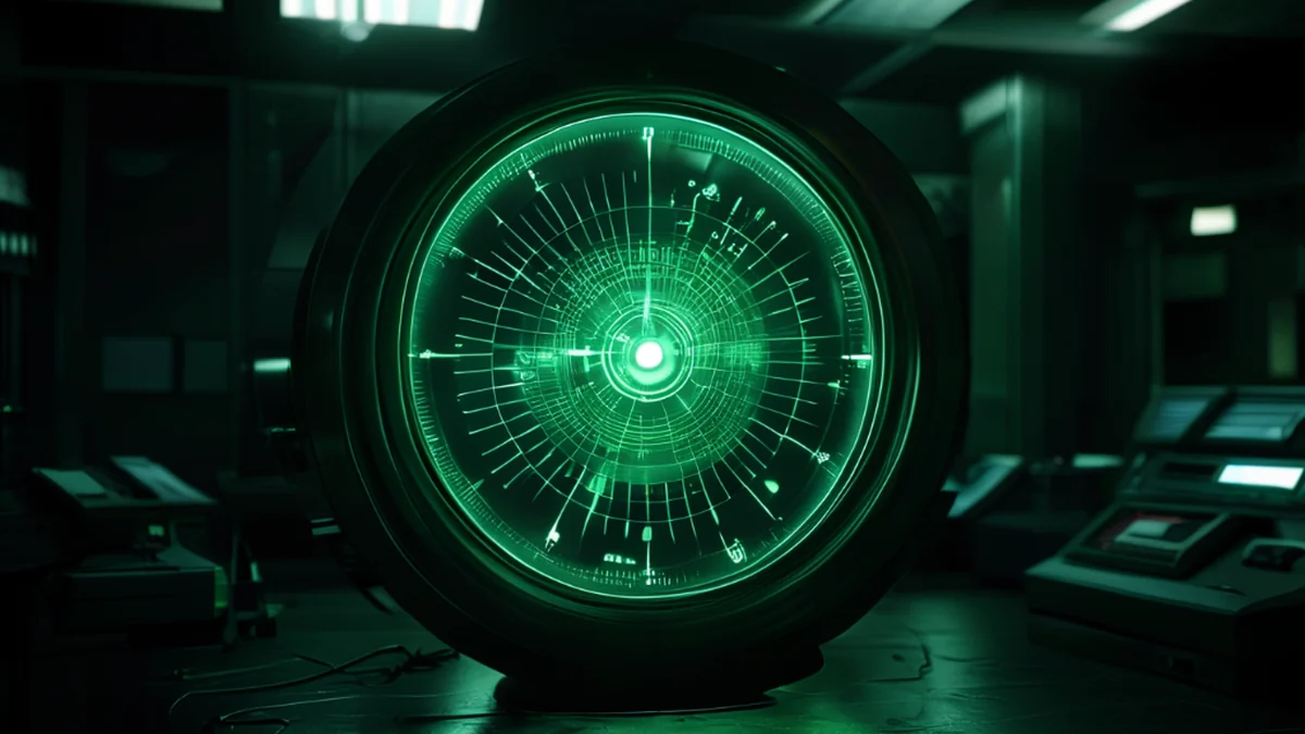 A green radar scope screen in a military control room at night