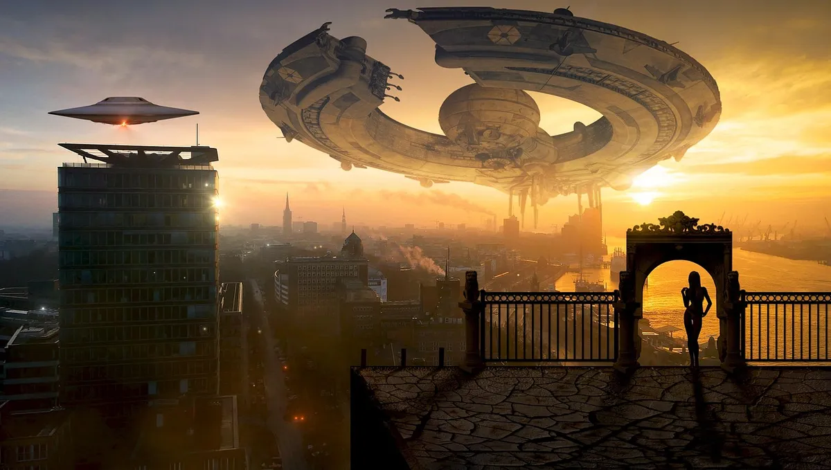 fantasy, ufo, city, science fiction, spaceship, futuristic, buildings, rooftop, woman, sunset, surreal, mystical, unidentified flying object, nature, space trav
