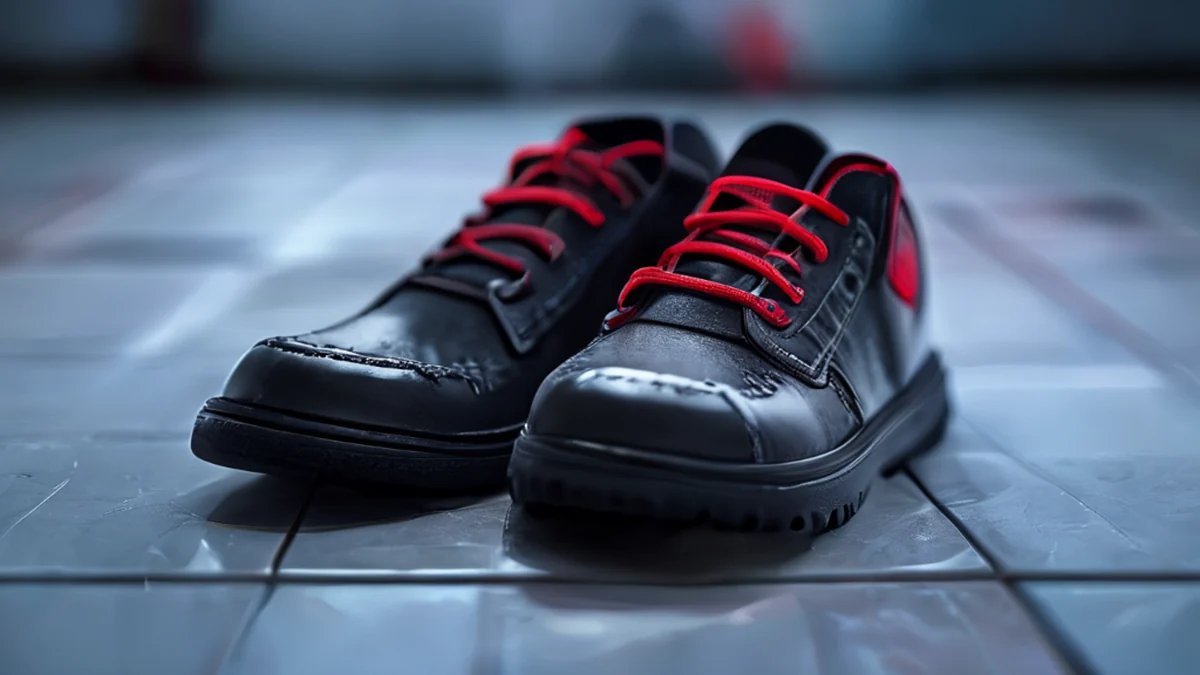 Black school shoes with red laces and blue tongue, centered on tiled surface under softbox light, shallow depth of field, photorealistic, sharp focus, high detail