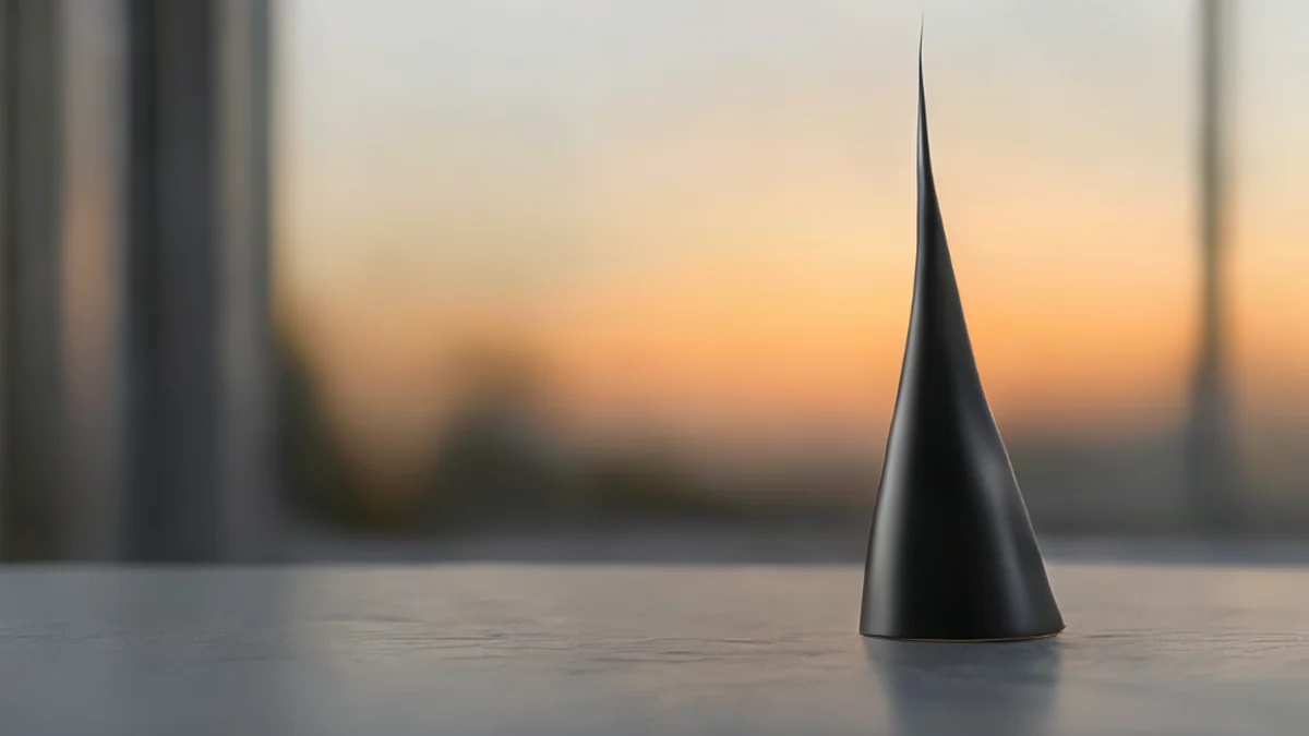 Una spire negra delgada con acabado mate y una punta plateada, sobre una mesa gris simple bajo la luz de la hora dorada, profundidad de campo suave, realismo fotográfico, enfoque preciso, detalles altos