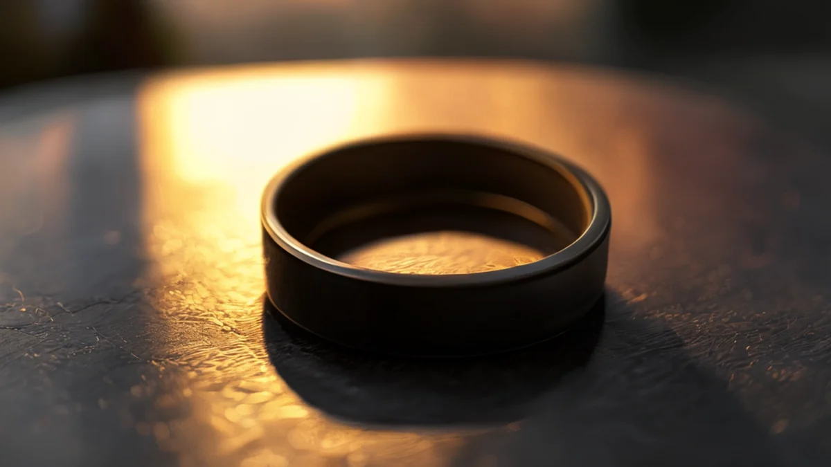 Anillo de lente negro, forma circular, superficie texturizada, sobre una mesa mate bajo la luz de la hora dorada, profundidad de campo suave, fotorealista, detalles altos