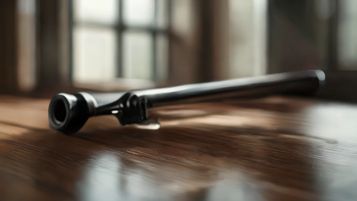 Un supprimeur de flash carbine cylindrique, noir avec une finition mat, sur une table en bois sous une lumière douce de fenêtre, champ de profondeur faible, réalisme photo, focus aiguisé, détails élevés