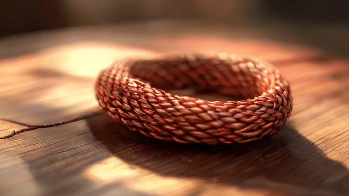 Un filo d'oro con un isolante rosso, dritto e esteso.