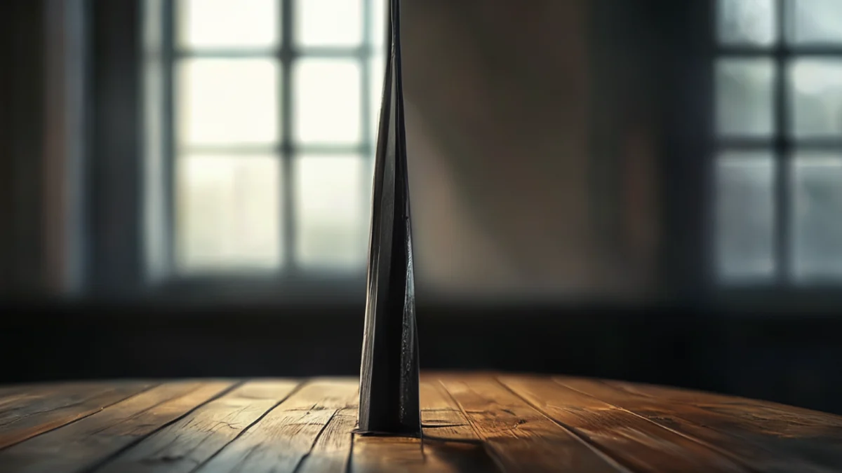 Staalspire, hoog, donker, scherp punt, op een houten tafel, onder zachte raamlicht, lage scherpte, fotorealistisch, scherp focus, hoge details