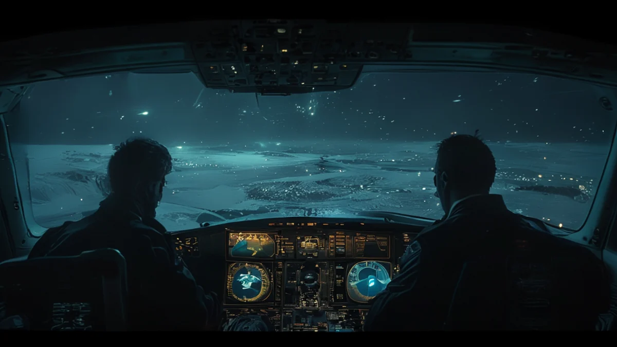 Pilots in a night cockpit seeing distant glowing lights