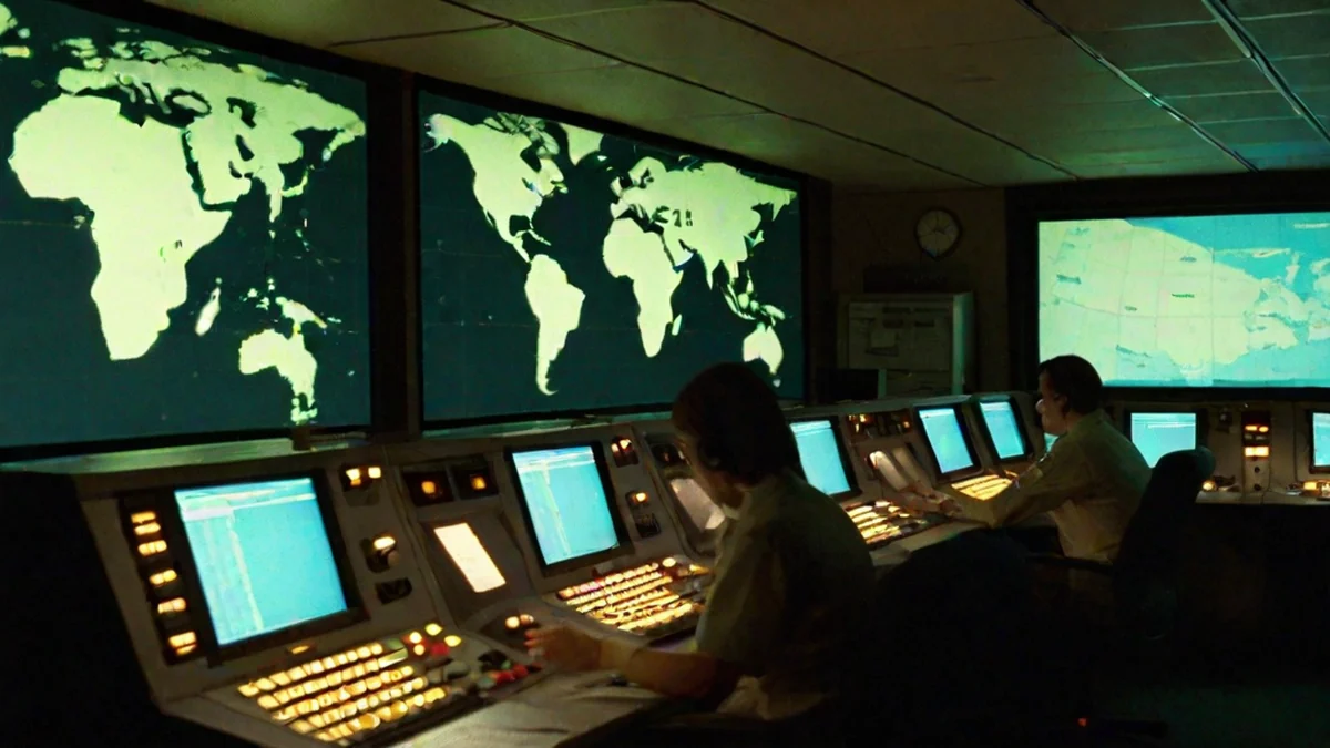 A 1980s air traffic control room at night