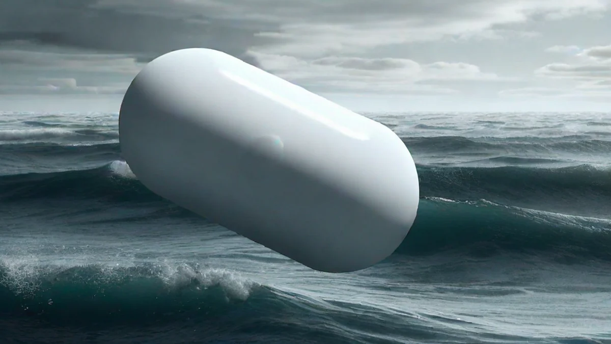 A smooth white tic-tac shaped object hovering above a churning ocean
