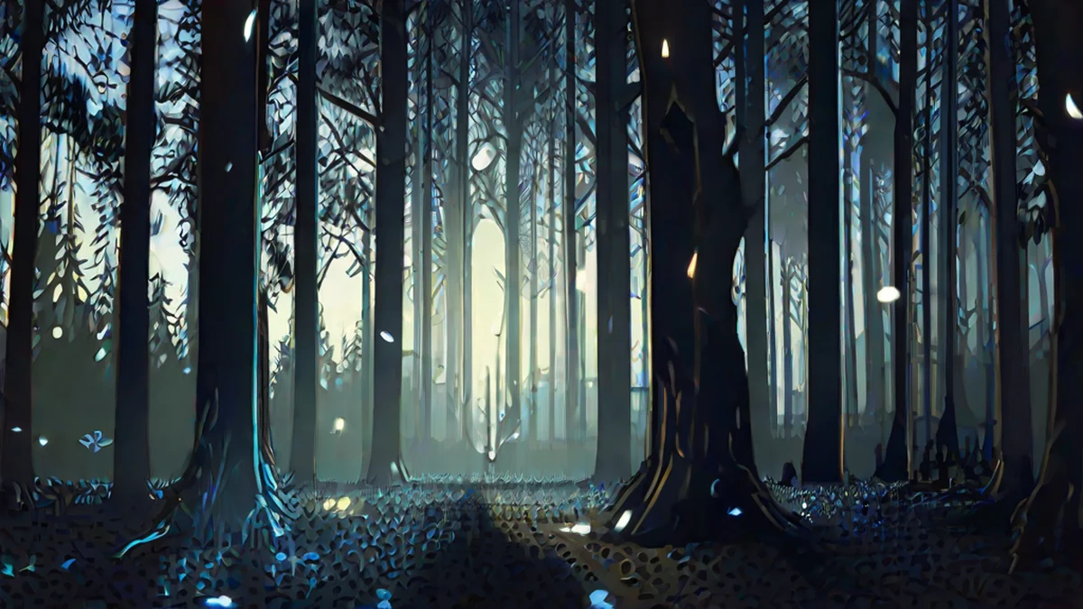 A glowing object hovering low among dark forest trees