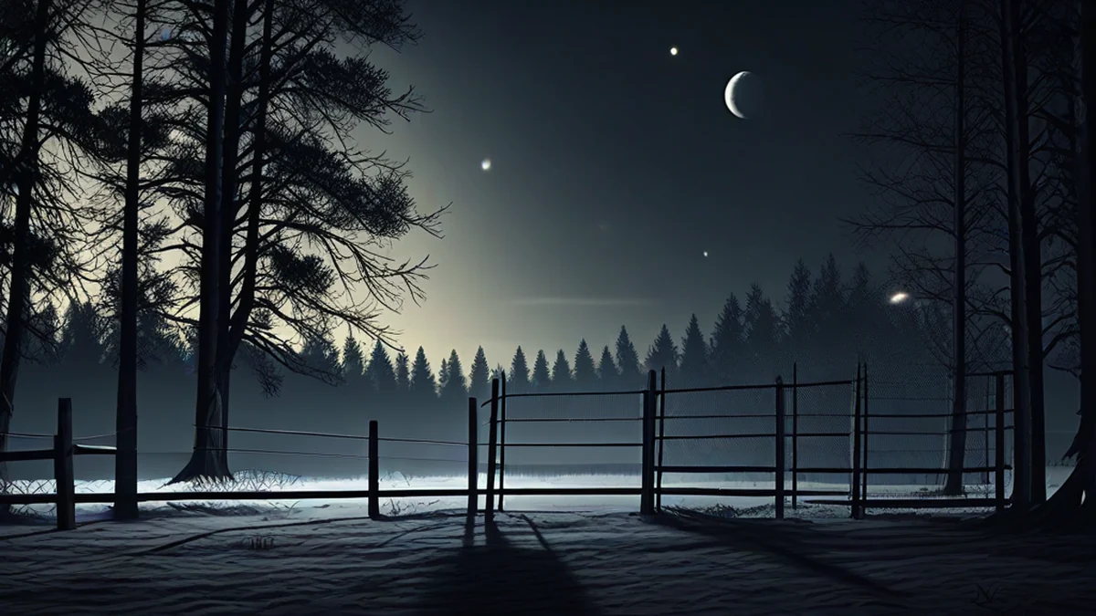 An air base perimeter fence beside a dark forest at night