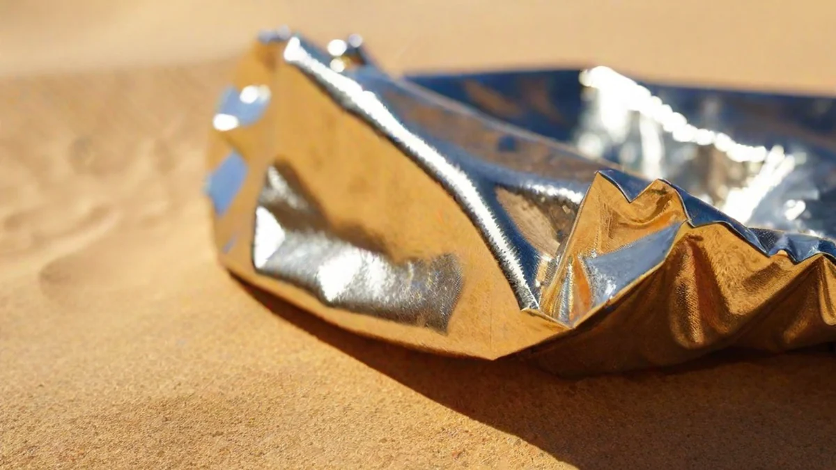 Lightweight thin foil-like material lying on desert sand
