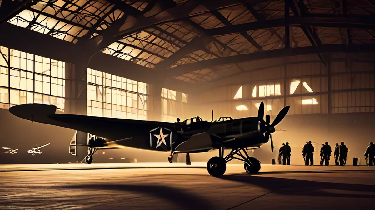 A 1940s US Army airfield hangar with propeller aircraft