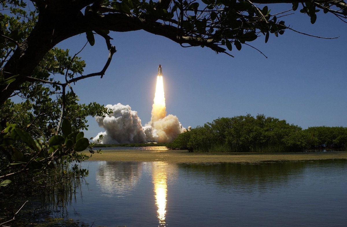 Kennedy Space Center launch vehicle under clear sky