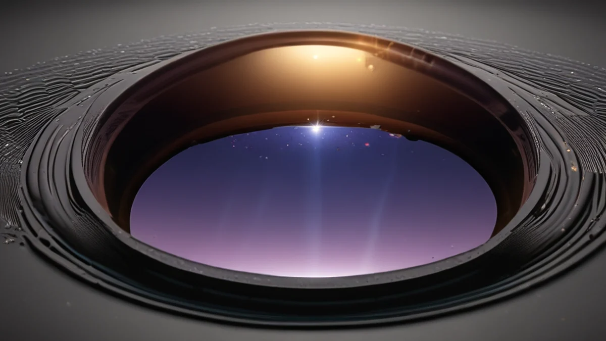 Telescope lens reflecting night sky, dark, smooth, reflecting, on black surface, warm side light, shallow depth of field, photorealistic, sharp focus, high detail