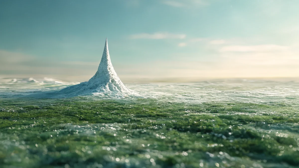 Punta nevada con textura tundra, centrada en una superficie verde tundra, luz cálida, profundidad de campo baja, realismo fotográfico, enfoque preciso, detalles altos