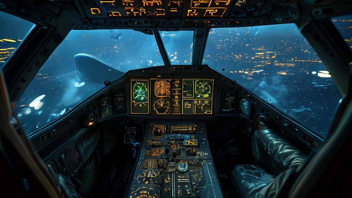 A night fighter cockpit with instrument panels and a radar display