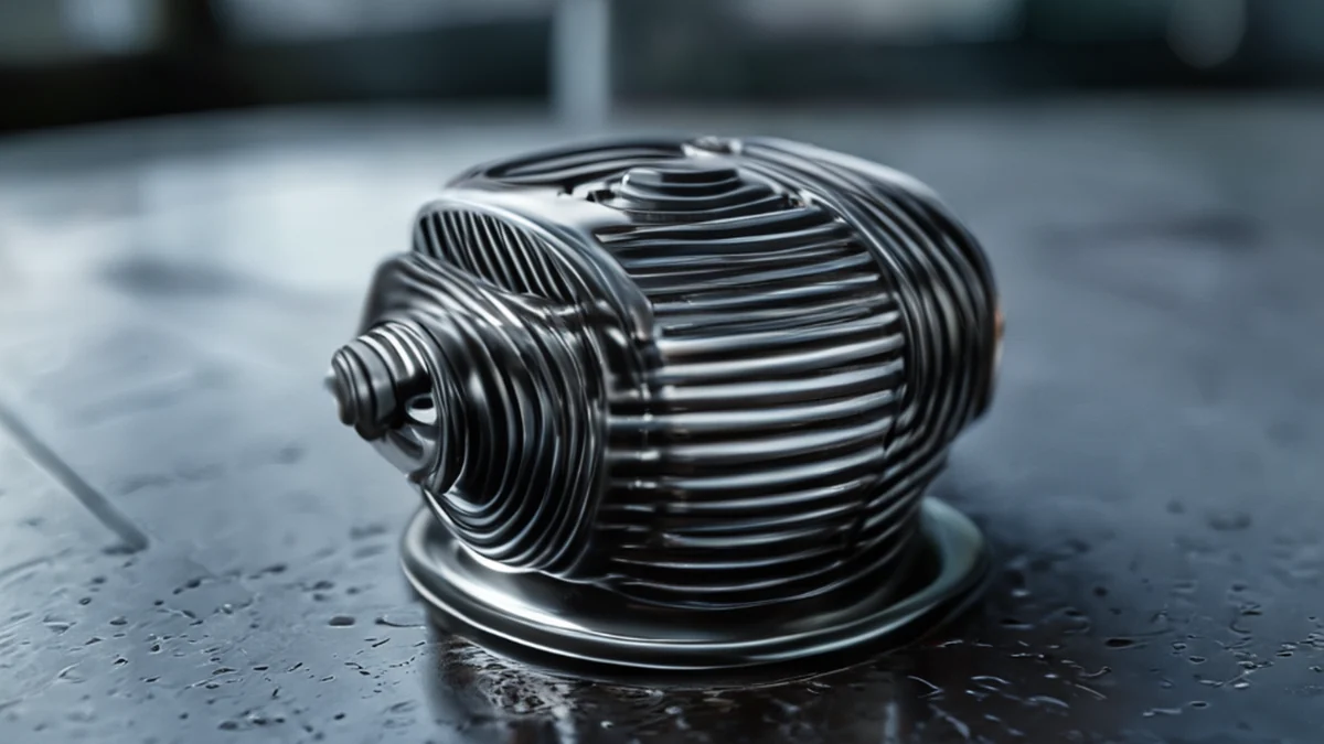 Metallischer Motor-Radiator-Knopf, texturierte Oberfläche, auf Stahlplatte unter bewölktem Taglicht, flache Schärfe, photorealistisch, hohe Details
