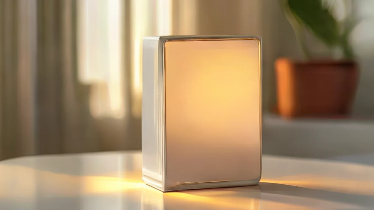 Lampara de plástico blanco con borde metálico, brillante, rectangular, sobre una mesa blanca, luz de hora dorada, profundidad de campo suave, realista