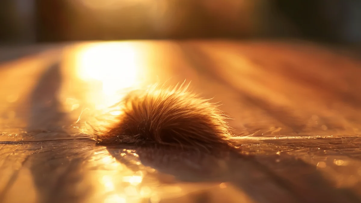 Un pequeño indicio de pelo de animal, marrón con textura suave, sobre una mesa de madera bajo la luz dorada, profundidad de campo suave, foto-realista, enfoque neto, detalles altos