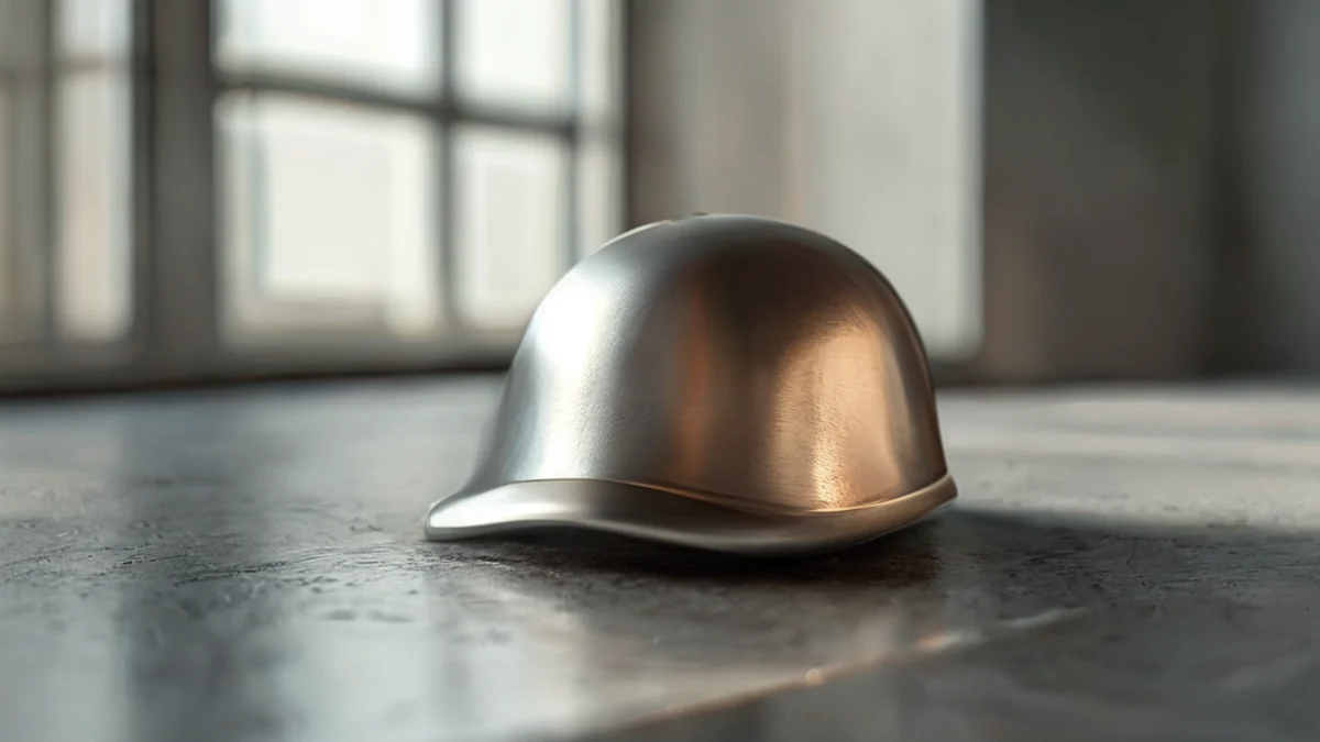 Een enkele, gladde, staalcap met een metalen glans, een zachte roestlijn en een smalle kant, op een beton tafel onder zachte vensterlicht, zacht scherpe veld, fotorealistisch, scherp.