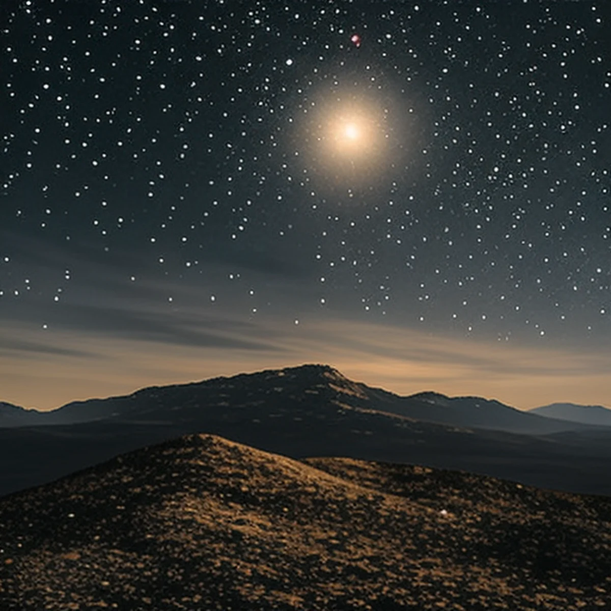En natt himmel som glider över ett avlägset bergsmässigt landskap, med en okänd ljusstrål som stilla svävar nära horisonten.